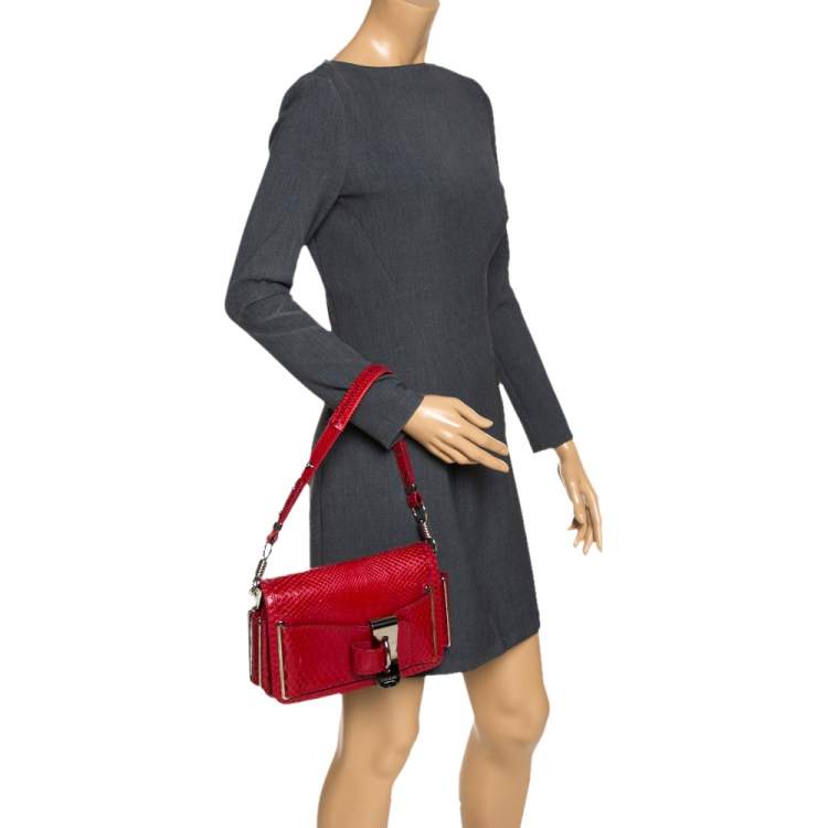 Pre Owned Versace Red Python and Suede Flap Shoulder Bag
