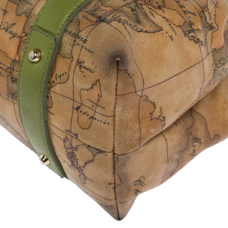 Pre Owned Alviero Martini 1A Classe Beige/Green Geo Print Coated Canvas and Leather Tassel Tote