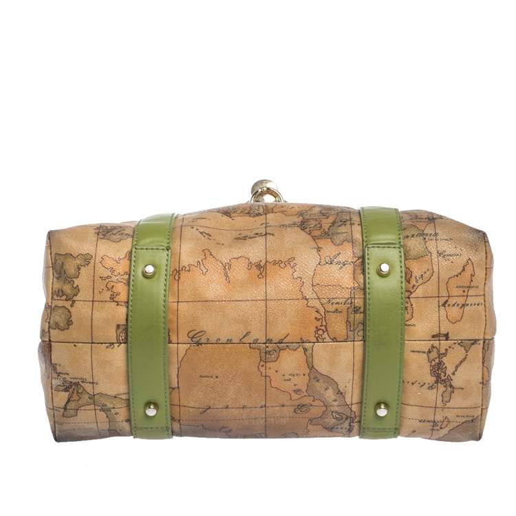 Pre Owned Alviero Martini 1A Classe Beige/Green Geo Print Coated Canvas and Leather Tassel Tote