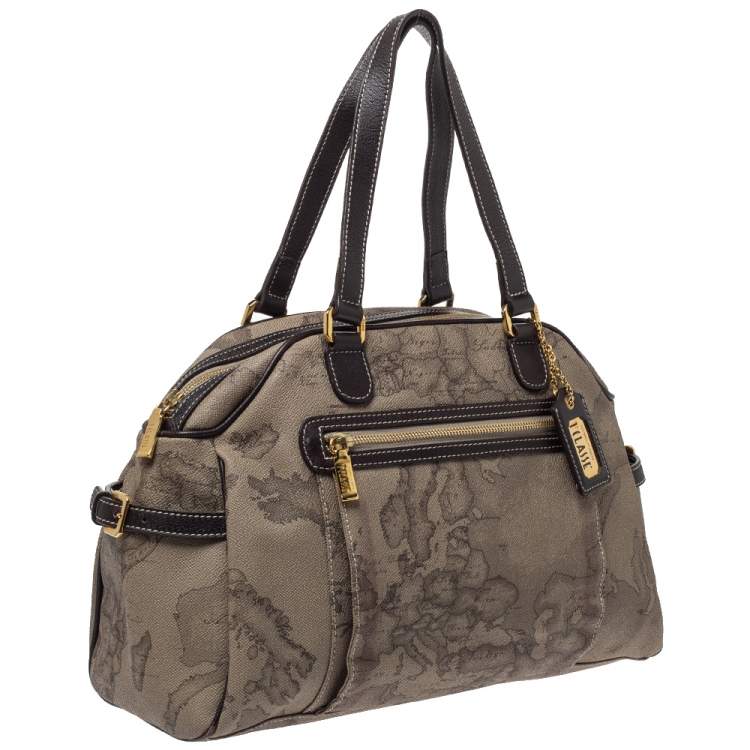 Pre Owned Alviero Martini 1A Classe Grey Geo Print Coated Canvas and Leather Front Pocket Satchel