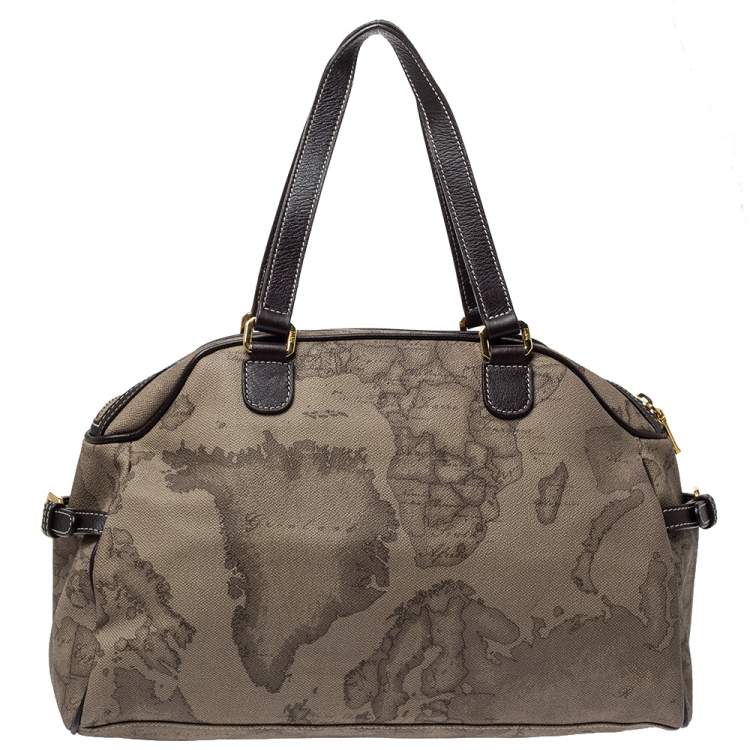 Pre Owned Alviero Martini 1A Classe Grey Geo Print Coated Canvas and Leather Front Pocket Satchel
