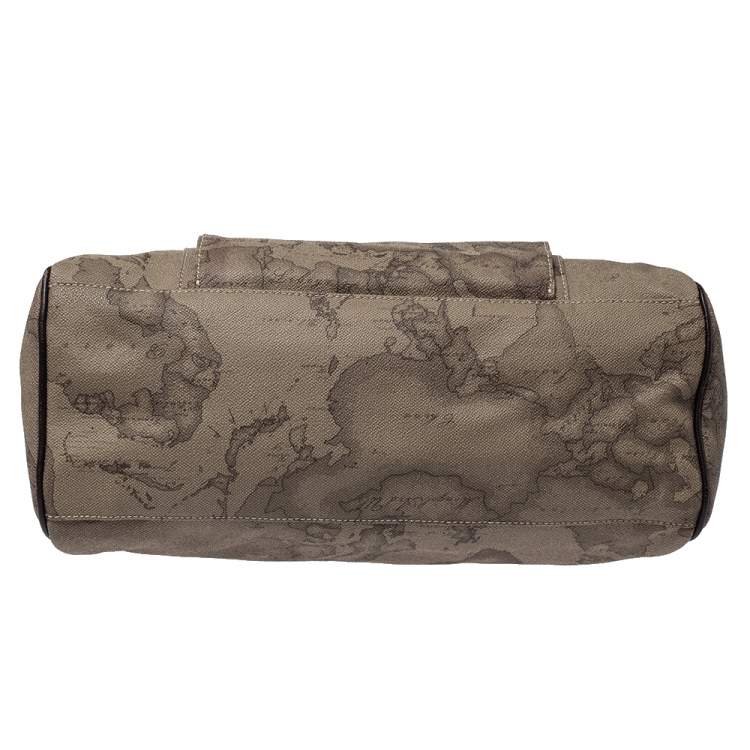 Pre Owned Alviero Martini 1A Classe Grey Geo Print Coated Canvas and Leather Front Pocket Satchel