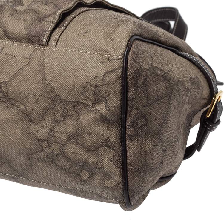 Pre Owned Alviero Martini 1A Classe Grey Geo Print Coated Canvas and Leather Front Pocket Satchel