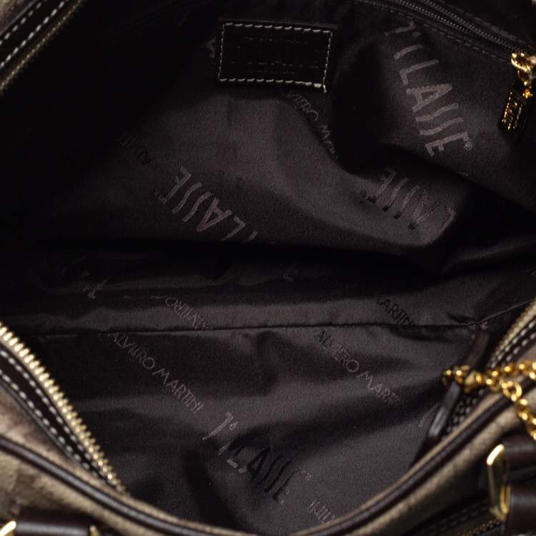 Pre Owned Alviero Martini 1A Classe Grey Geo Print Coated Canvas and Leather Front Pocket Satchel