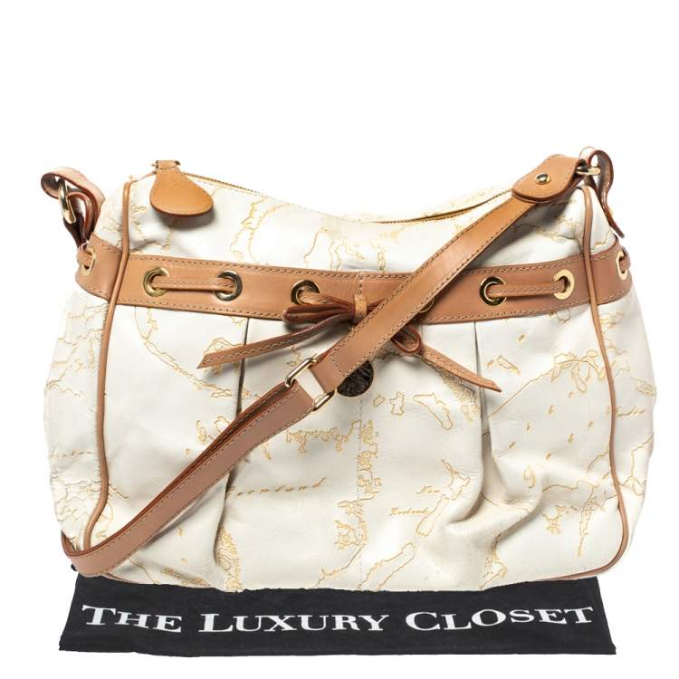Pre Owned Alviero Martini 1A Classe White Geo Embossed Canvas Bow Satchel