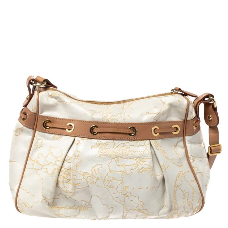 Pre Owned Alviero Martini 1A Classe White Geo Embossed Canvas Bow Satchel