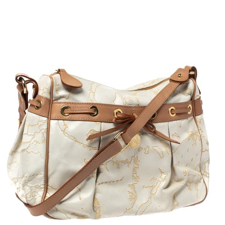 Pre Owned Alviero Martini 1A Classe White Geo Embossed Canvas Bow Satchel