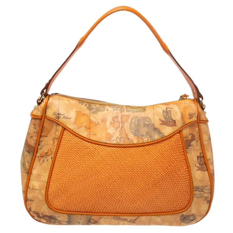 Pre Owned Alviero Martini 1A Classe Orange Geo Print Coated Canvas and Woven Leather Front Pocket Hobo