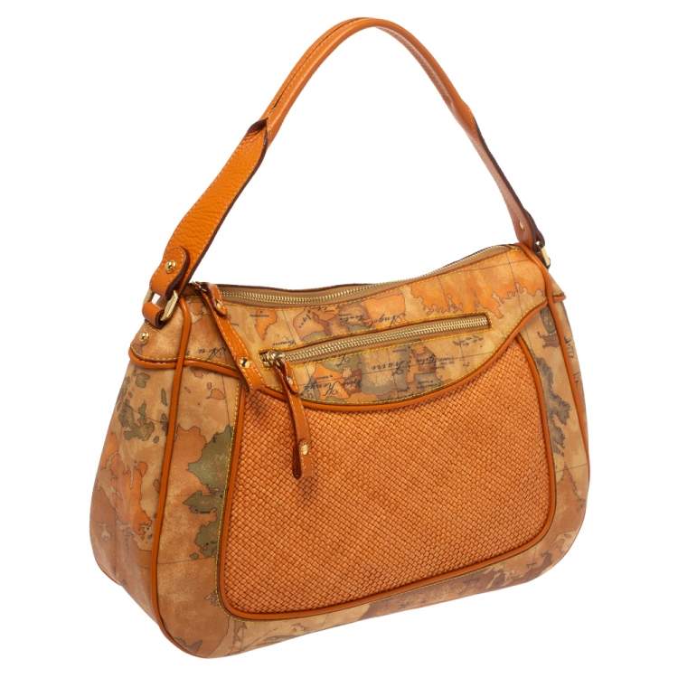 Pre Owned Alviero Martini 1A Classe Orange Geo Print Coated Canvas and Woven Leather Front Pocket Hobo