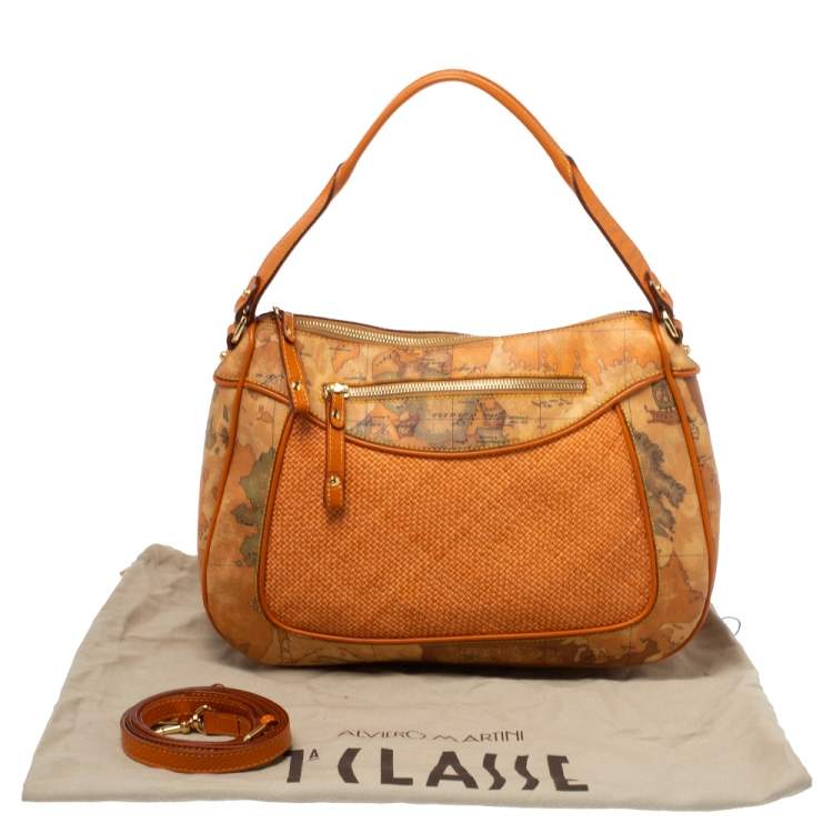 Pre Owned Alviero Martini 1A Classe Orange Geo Print Coated Canvas and Woven Leather Front Pocket Hobo