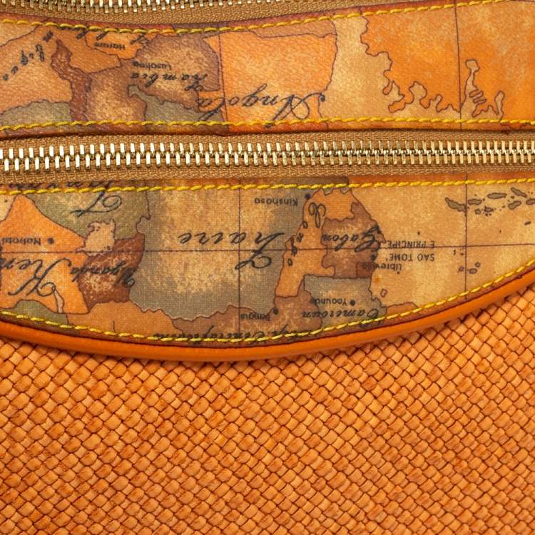 Pre Owned Alviero Martini 1A Classe Orange Geo Print Coated Canvas and Woven Leather Front Pocket Hobo