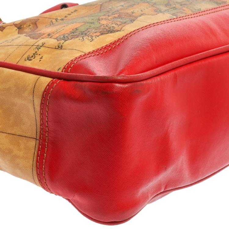 Pre Owned Alviero Martini 1A Classe Beige/Red Geo Print Coated Canvas and Leather Tote