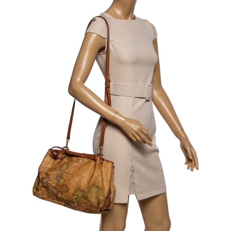 Pre Owned Alviero Martini 1A Classe Brown Geo Print Coated Canvas Contemporary Satchel