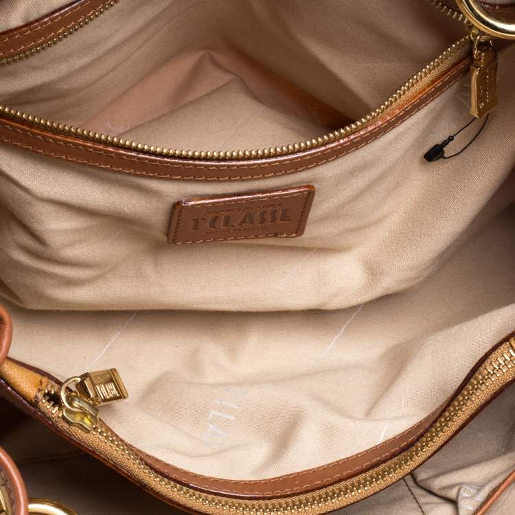 Pre Owned Alviero Martini 1A Classe Brown Geo Print Coated Canvas Contemporary Satchel