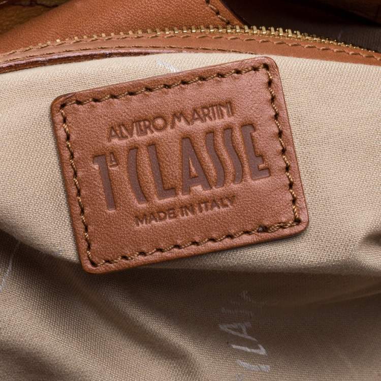 Pre Owned Alviero Martini 1A Classe Brown Geo Print Coated Canvas Contemporary Satchel