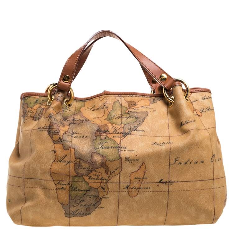 Pre Owned Alviero Martini 1A Classe Brown Geo Print Coated Canvas Contemporary Satchel