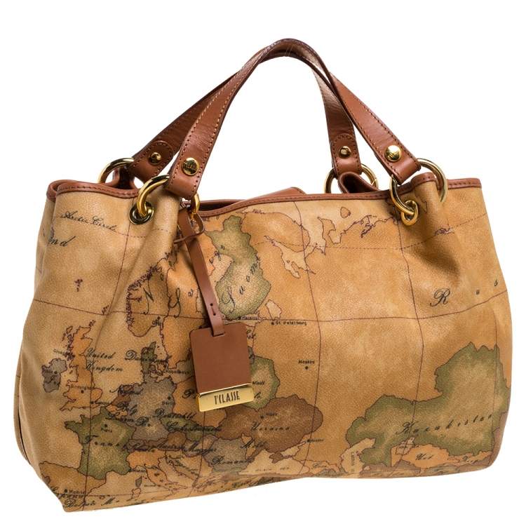 Pre Owned Alviero Martini 1A Classe Brown Geo Print Coated Canvas Contemporary Satchel