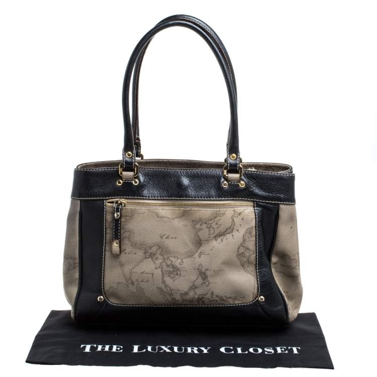 Pre Owned Alviero Martini 1A Classe Black/Beige Geo Print Coated Canvas and Leather Tote