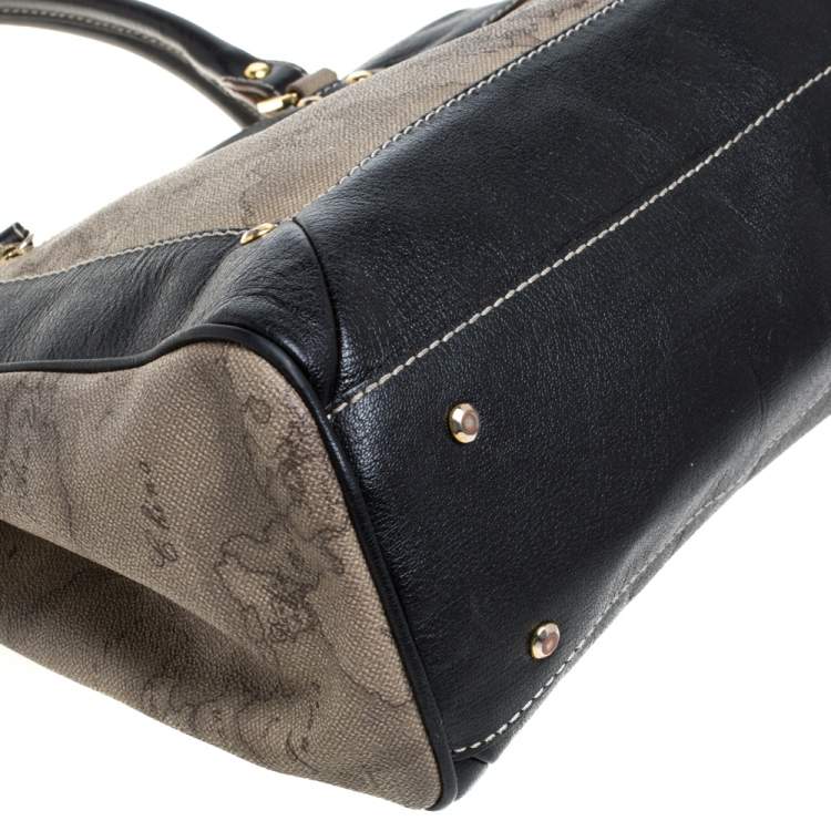 Pre Owned Alviero Martini 1A Classe Black/Beige Geo Print Coated Canvas and Leather Tote