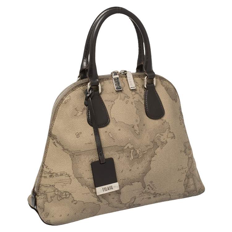Pre Owned Alviero Martini 1A Classe Grey Geo Print Coated Canvas Dome Satchel