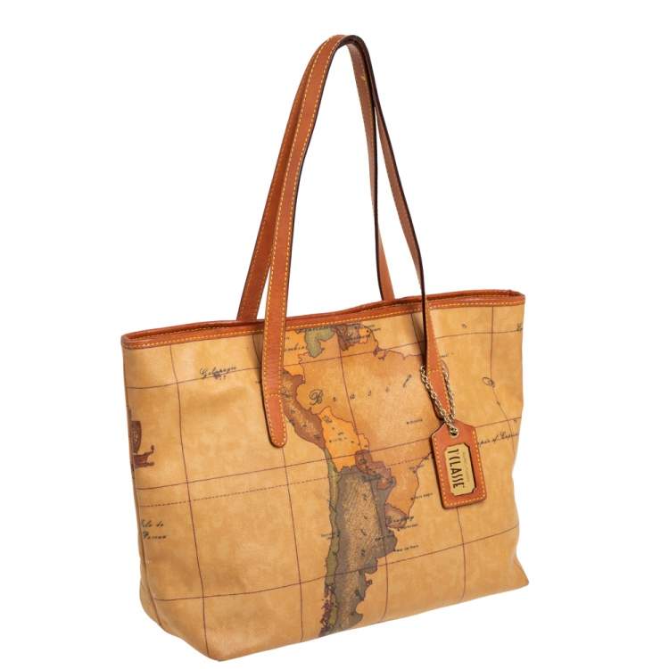 Pre Owned Alviero Martini 1A Classe Tan Geo Print Coated Canvas Zip Tote