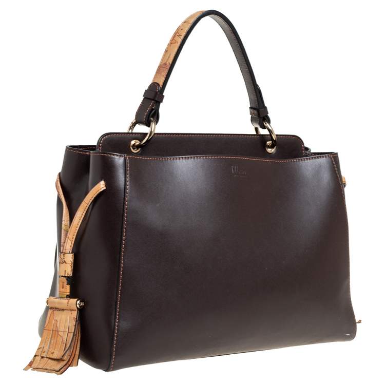 Pre Owned Alviero Martini 1A Classe Dark Brown Leather Tassel String Top Handle Bag