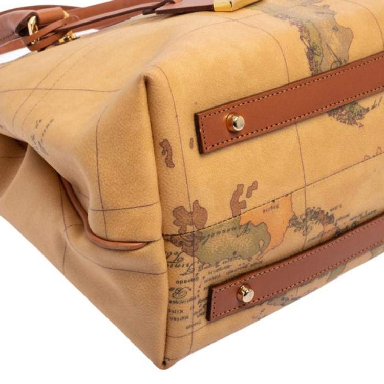Pre Owned Alviero Martini 1A Classe Tan Geo Print Coated Canvas and Leather Satchel