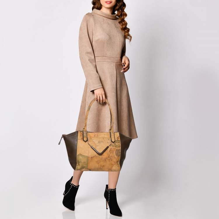 Pre Owned Alviero Martini 1A Classe Tan/Brown Geo Print Coated Canvas and Leather Front Pocket Satchel