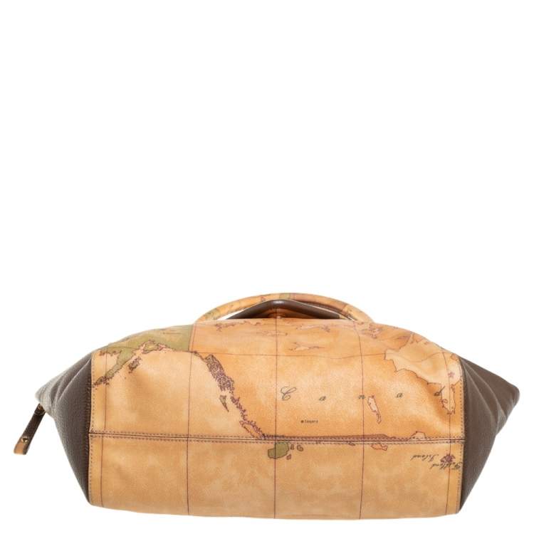 Pre Owned Alviero Martini 1A Classe Tan/Brown Geo Print Coated Canvas and Leather Front Pocket Satchel