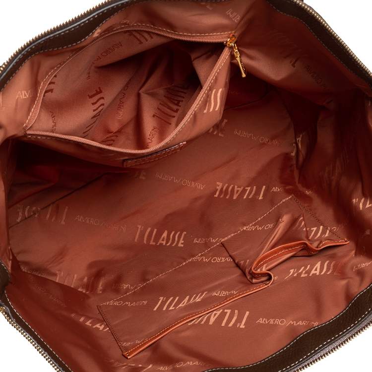 Pre Owned Alviero Martini 1A Classe Tan/Brown Geo Print Coated Canvas and Leather Front Pocket Satchel