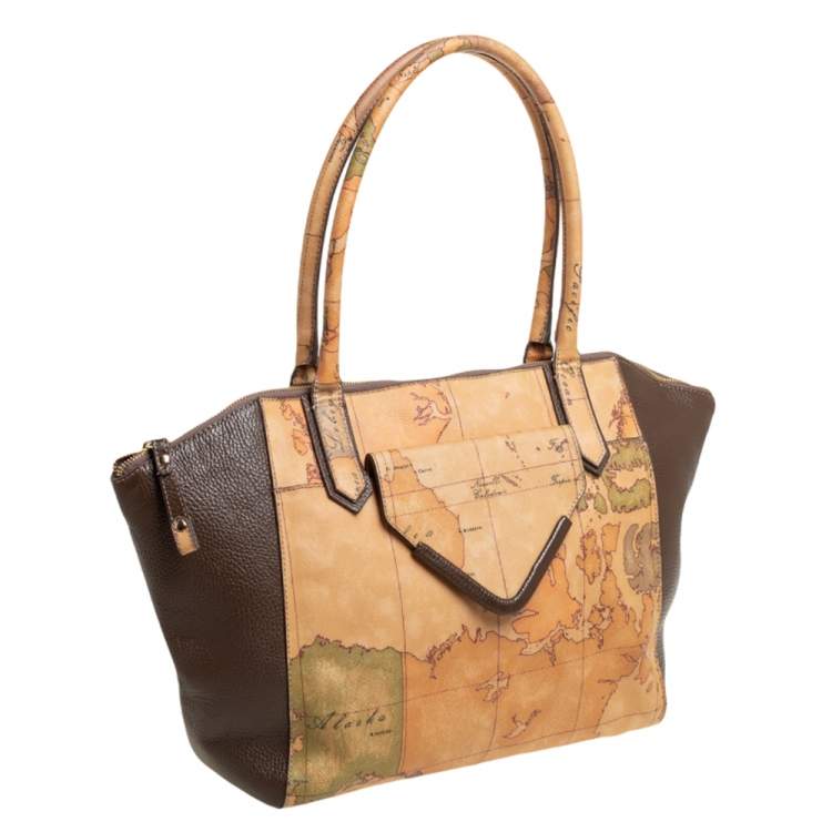 Pre Owned Alviero Martini 1A Classe Tan/Brown Geo Print Coated Canvas and Leather Front Pocket Satchel