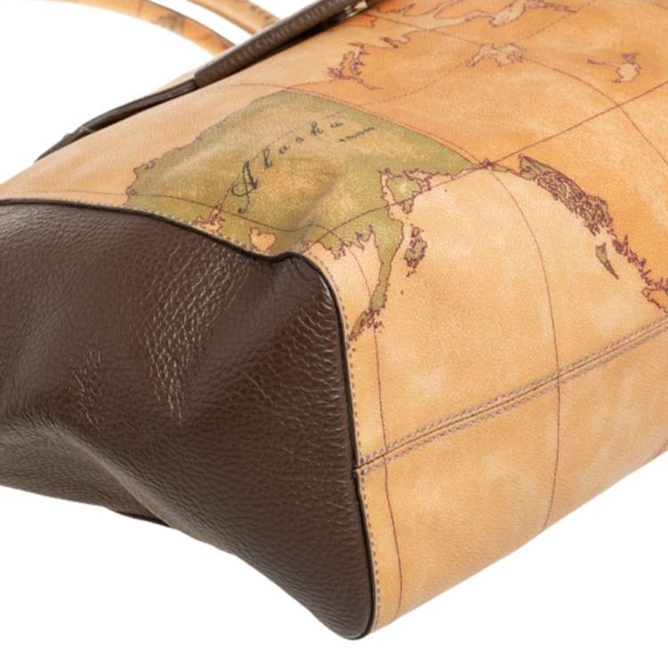 Pre Owned Alviero Martini 1A Classe Tan/Brown Geo Print Coated Canvas and Leather Front Pocket Satchel