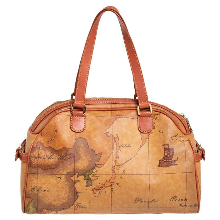 Pre Owned Alviero Martini 1A Classe Tan Geo Print  Coated Canvas and Leather Satchel