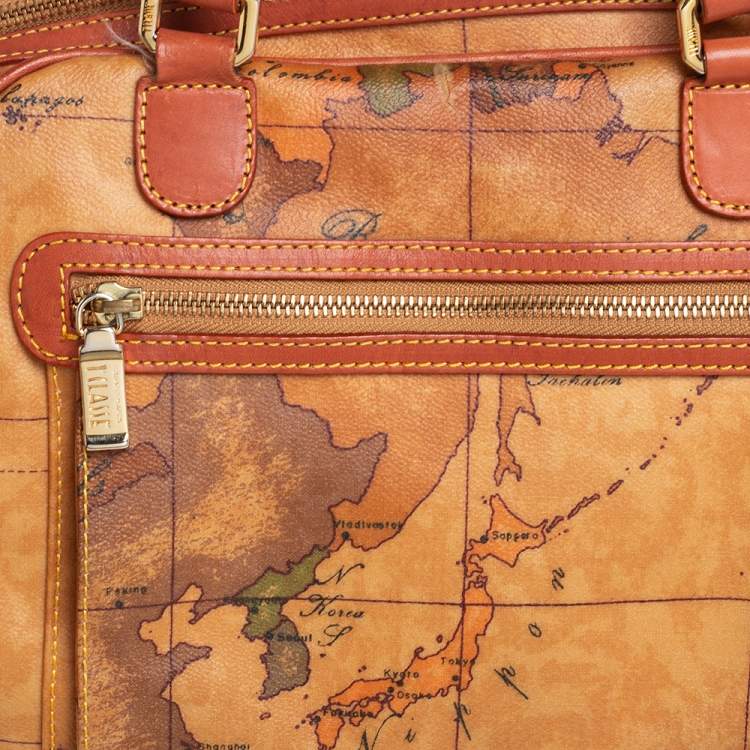 Pre Owned Alviero Martini 1A Classe Tan Geo Print  Coated Canvas and Leather Satchel