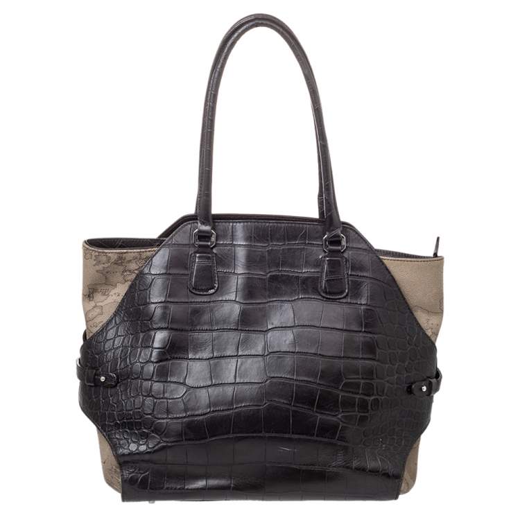 Pre Owned Alviero Martini Coated Canvas And Embossed Croc Leather Tote