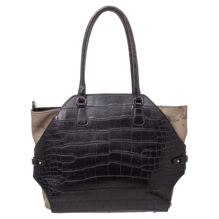Pre Owned Alviero Martini Coated Canvas And Embossed Croc Leather Tote