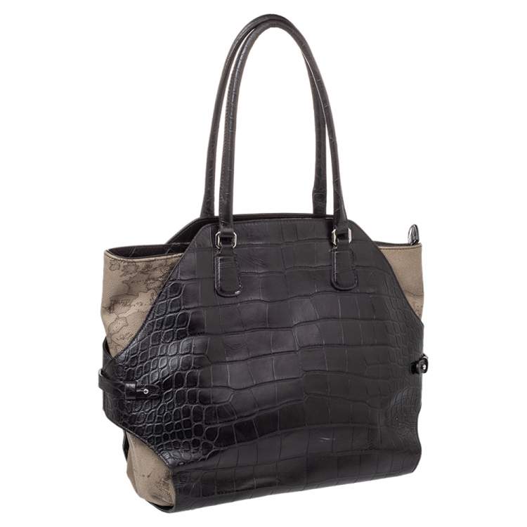 Pre Owned Alviero Martini Coated Canvas And Embossed Croc Leather Tote