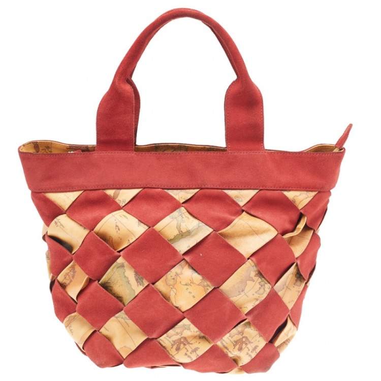Pre Owned Alviero Martini 1A Classe Beige/Red Geo Print woven Coated Canvas and Suede Tote