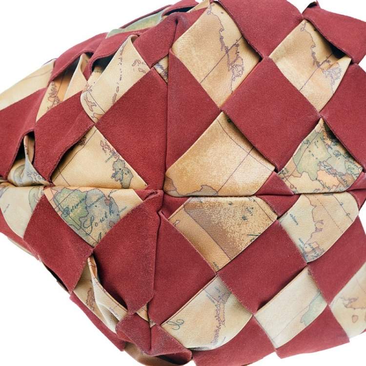 Pre Owned Alviero Martini 1A Classe Beige/Red Geo Print woven Coated Canvas and Suede Tote
