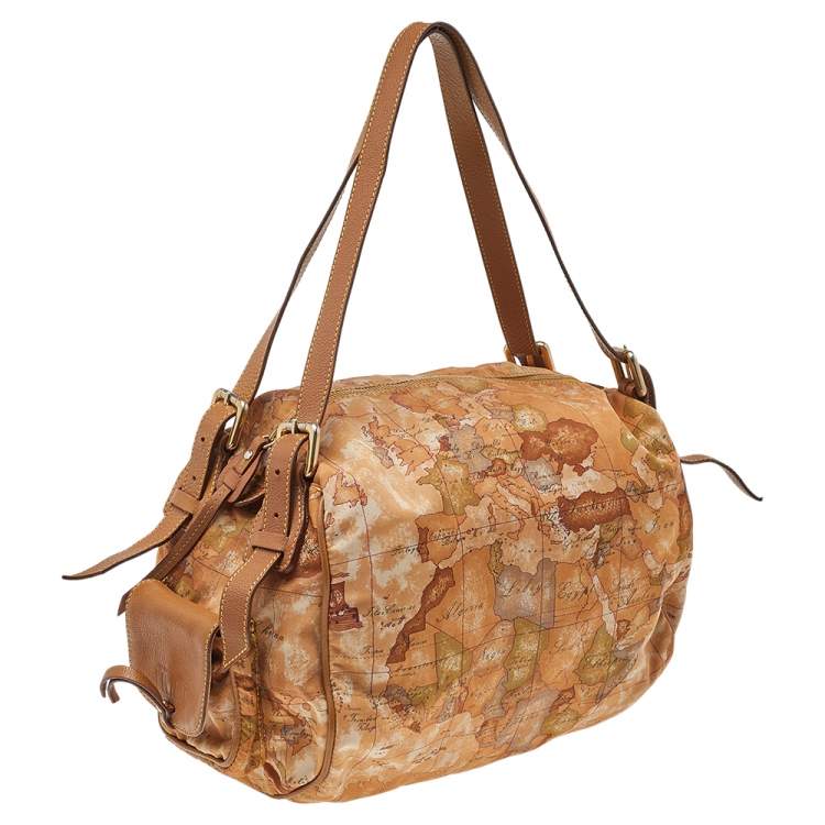Pre Owned Alviero Martini 1A Classe Geo Print Beige-Brown Nylon And Leather Satchel