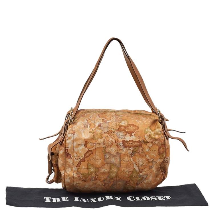 Pre Owned Alviero Martini 1A Classe Geo Print Beige-Brown Nylon And Leather Satchel