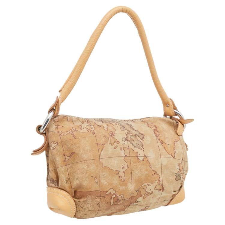 Pre Owned Alviero Martini 1A Classe Geo Print Beige/Brown Canvas And Leather Shoulder Bag