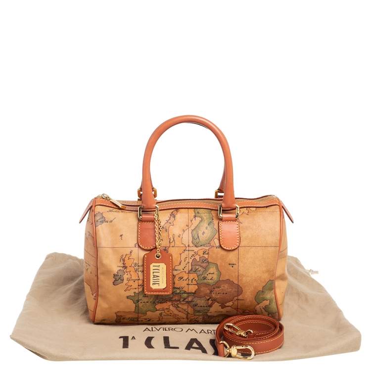 Pre Owned Alviero Martini 1A Classe Brown Coated Canvas and Leather Geo Print Satchel