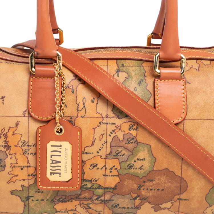 Pre Owned Alviero Martini 1A Classe Brown Coated Canvas and Leather Geo Print Satchel