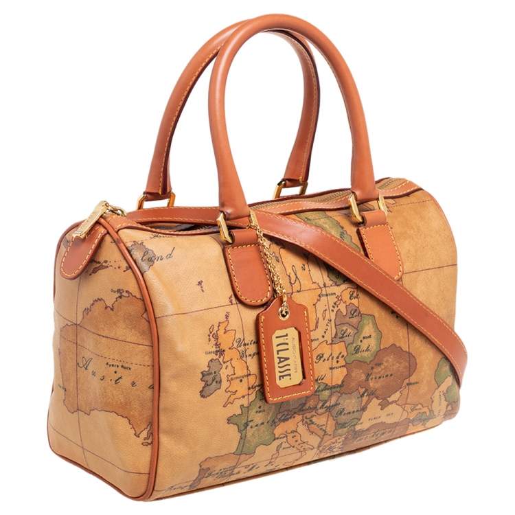Pre Owned Alviero Martini 1A Classe Brown Coated Canvas and Leather Geo Print Satchel