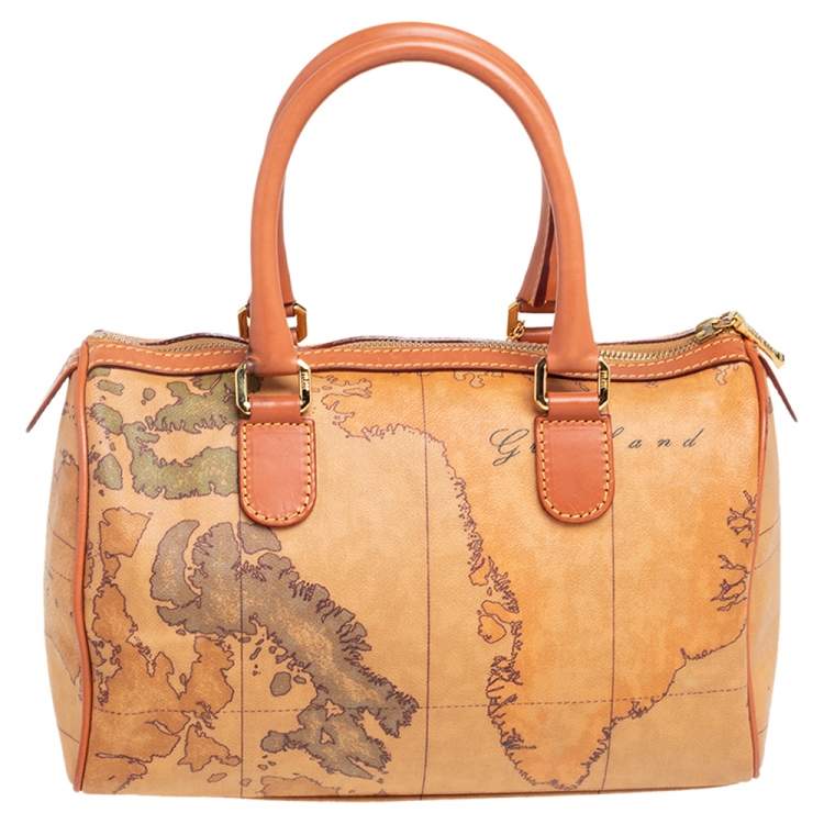 Pre Owned Alviero Martini 1A Classe Brown Coated Canvas and Leather Geo Print Satchel