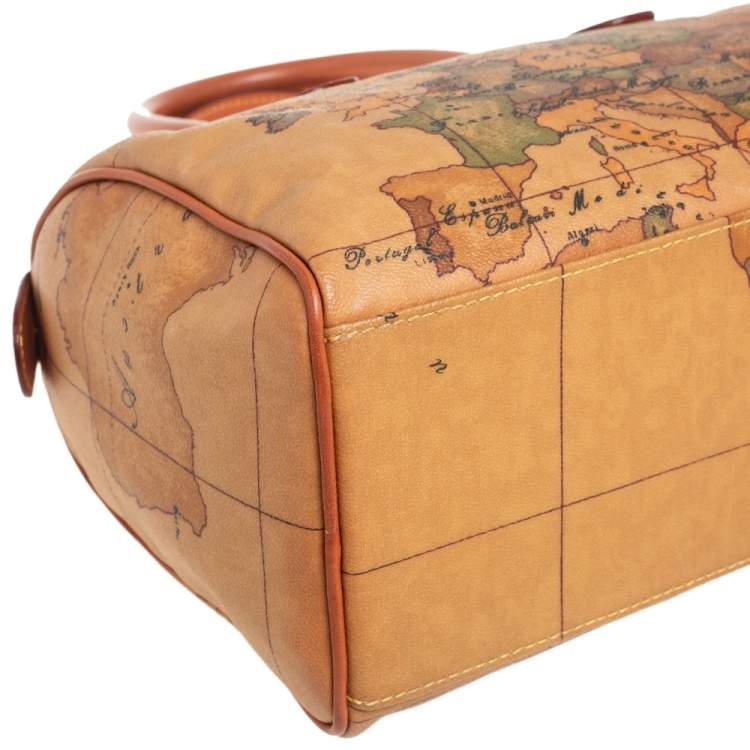 Pre Owned Alviero Martini 1A Classe Brown Coated Canvas and Leather Geo Print Satchel