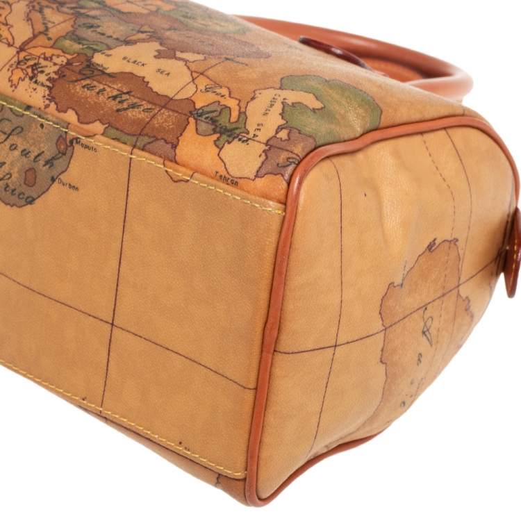 Pre Owned Alviero Martini 1A Classe Brown Coated Canvas and Leather Geo Print Satchel