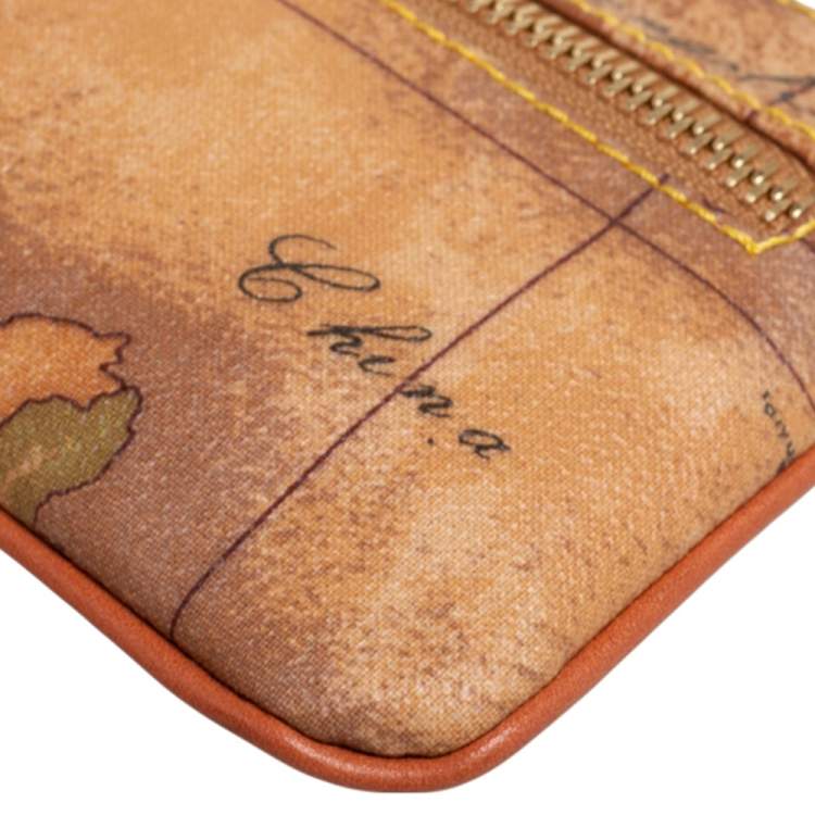 Pre Owned Alviero Martini 1A Classe Tan Geo Classic Print Coated Canvas Wristlet Pouch