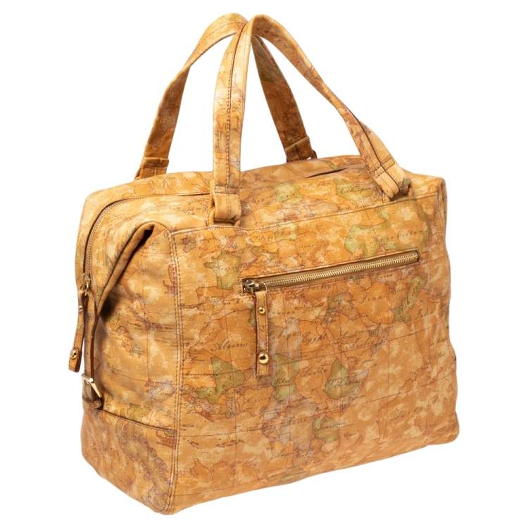 Pre Owned Alviero Martini 1A Classe Tan Geo Print Coated Canvas Front Pocket Satchel